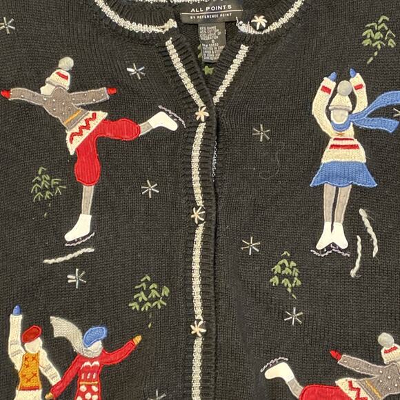 All Points Cardigan Sweater Size S Black & White W/ Embroidered Ice Skaters - Picture 6 of 15
